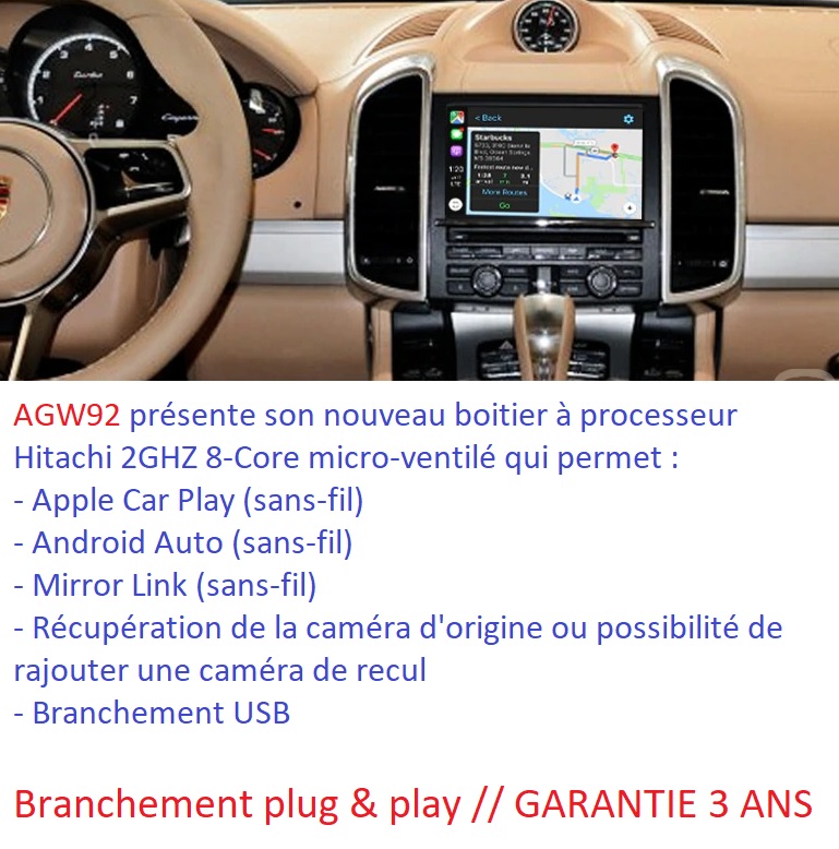 Boitier AGW92 Apple CarPlay Android Auto sans fil Mirror Link à processeur Hitachi 2GHZ pour PORSCHE Macan Cayenne Panamera Cayman Boxster 911 991
