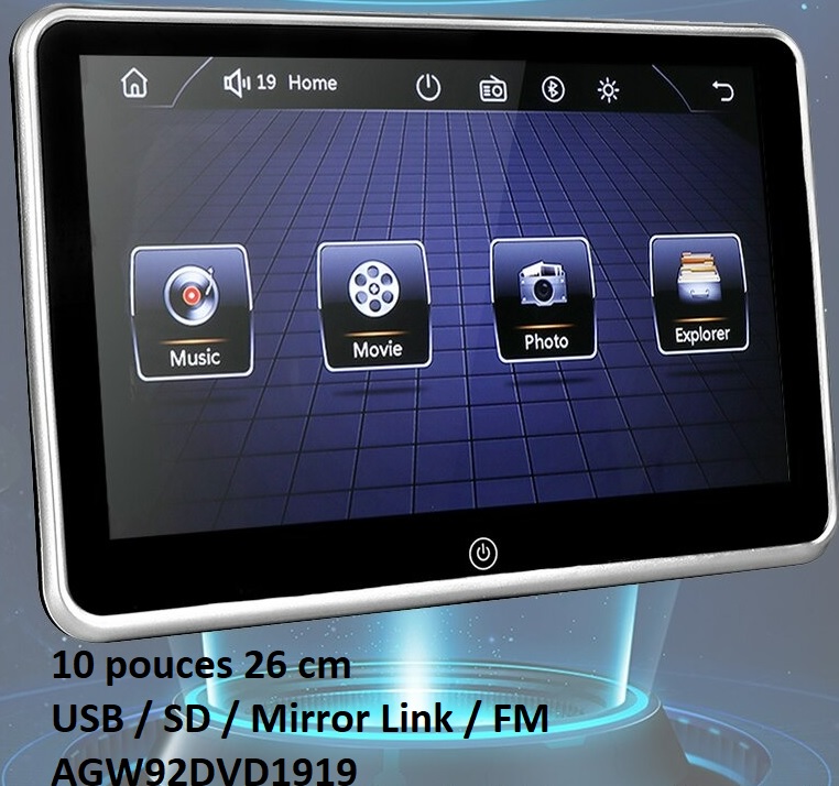 Ecran AGW92 tactile 10 pouces 26 cm HD USB SD FM Bluetooth Mirror Link pour appui tête