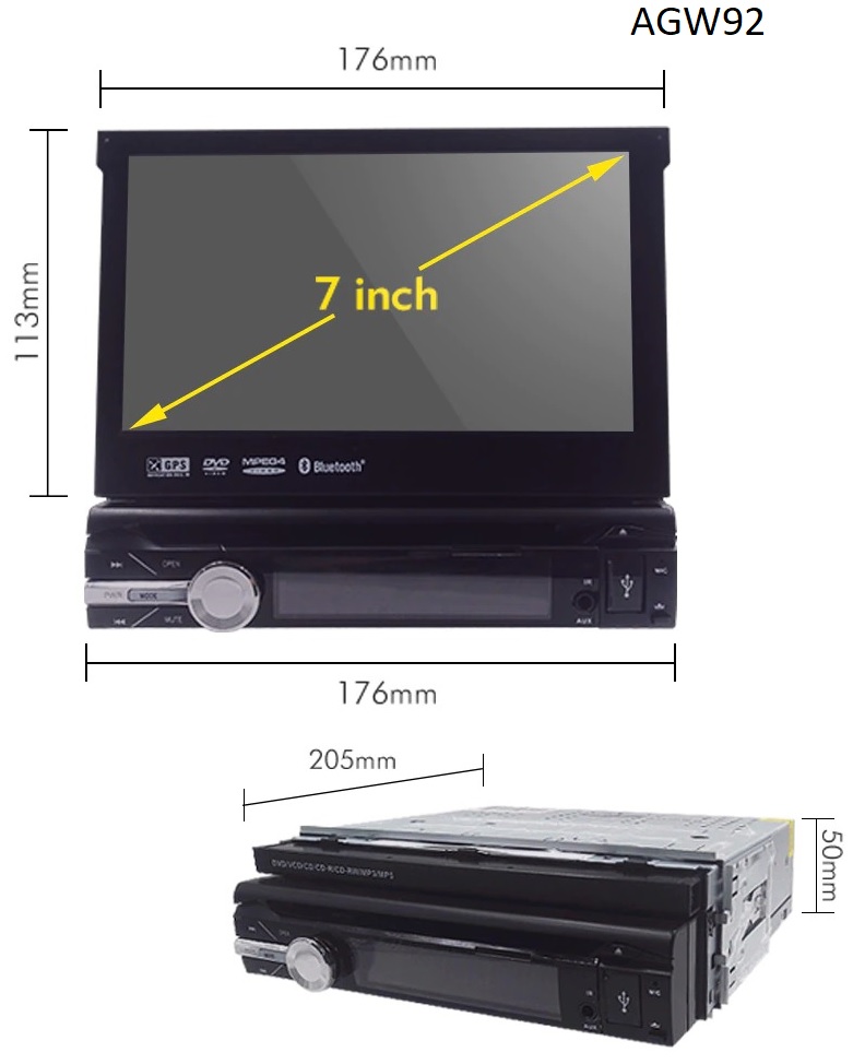 Autoradio AGW92 GPS WIFI DVD CD Bluetooth USB SD 1DIN simple emplacement universel (processeur 2GHZ)